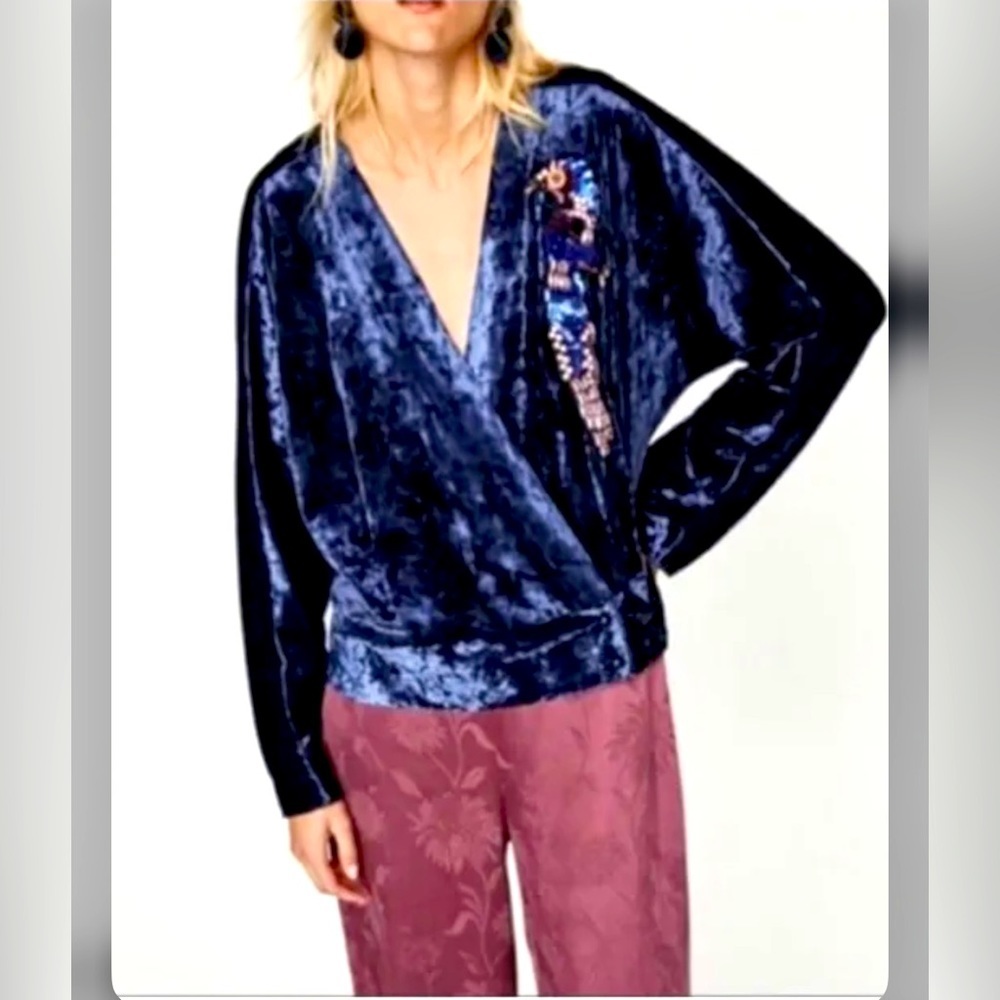Zara Navy Blur Velvet Sequin Appliqué Bird Wrap Top  Blouse Women Size M US